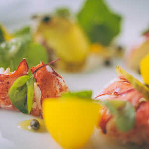 A gourmet dish featuring lobster, yellow tomatoes, and fresh greens on a white plate.